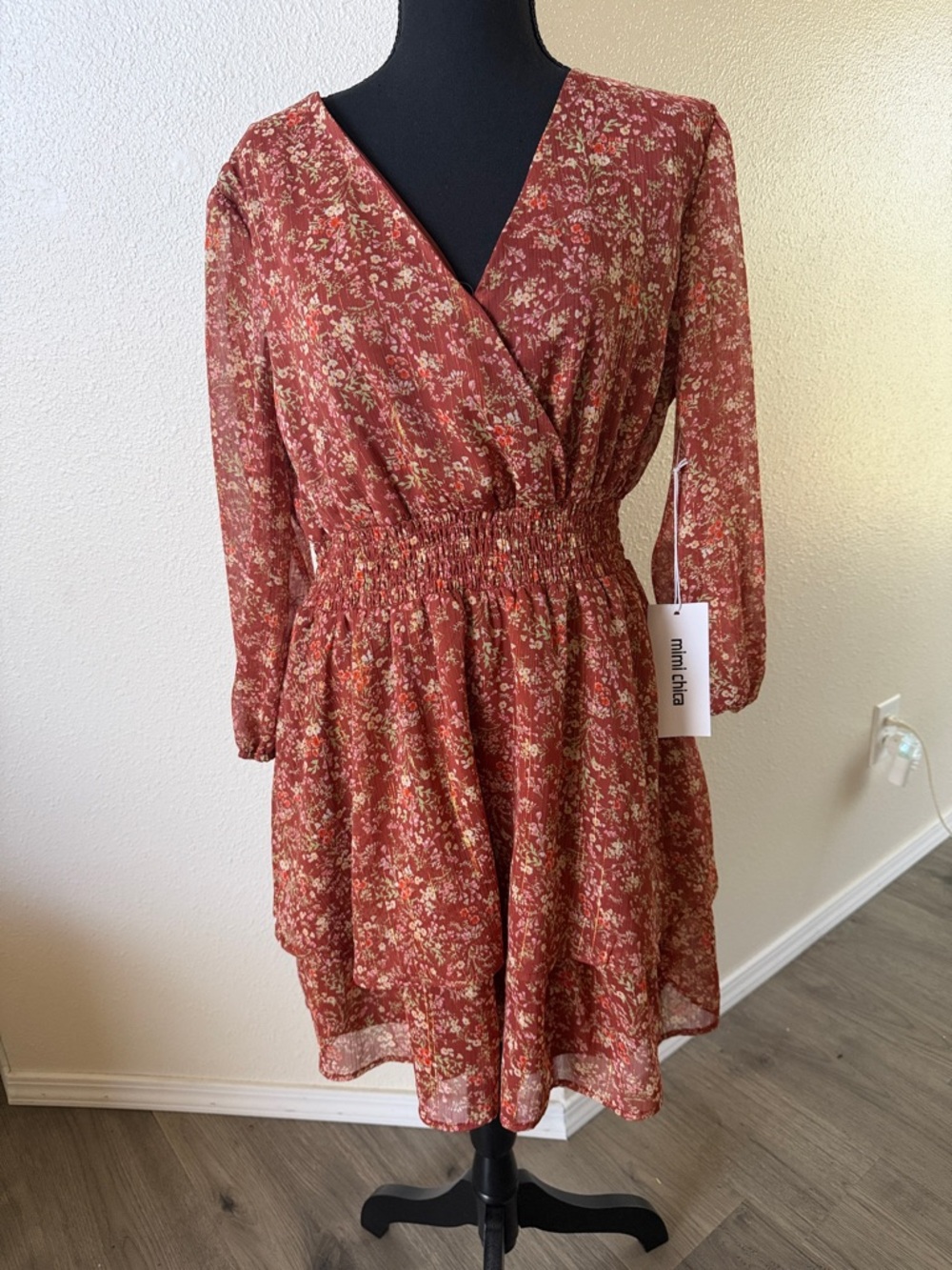 Mimi Chica Rust Floral Long Sleeve Wrap Dress